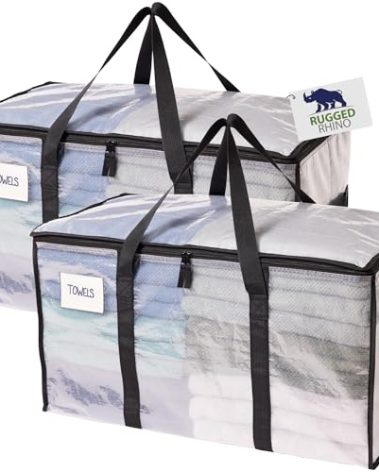 RUGGED RHINO Heavy Duty Extra Large Moving Bags, 50lb Capacity Tote, Durable Water and Puncture Resistant Winter Clothes Storage Totes for Moves, Strong Carry Handles, Zippers, 2 Pack Translucent