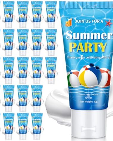 Dansib 24 Pcs Mini Sunscreen Bulk for Summer Wedding Party Spf 30 Water Resistant Sunscreen Lotion Bulk 1oz Travel Size for Thank You Gifts Wedding Party Supplies(White Cream,Beach Ball)