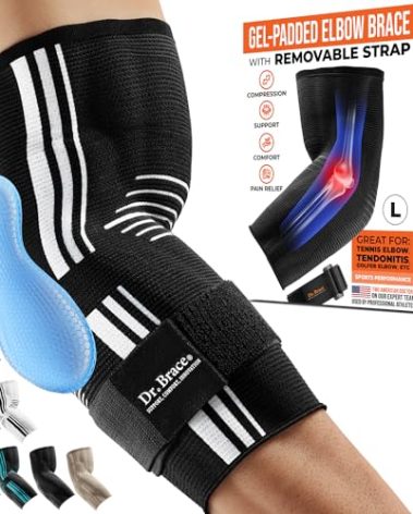 DR. BRACE® Elite Elbow Brace Support, Breathable Elbow Compression Sleeve with Gel Pad for Golfer's, Tennis Elbow & Tendonitis Treatment & Pain Relief 2024 (A Black-White, Large)