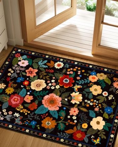 RELEANY Floral 2x3 Area Rug Machine Washable Soft Print Boho Carpet Non Slip Doormat Low Pile Flower Area Rugs for Living Room Bedroom Nursery Kitchen Dining Room Indoor-Black