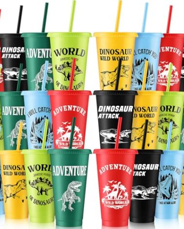 Mifoci 24 Pcs Dinosaur Party Favor 24 oz Plastic Cup with Lids and Straws Set Kids Reusable Dinosaur Cup Decorations for Beverage Birthday Party Dino Supplies (Colorful)