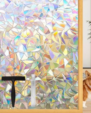 Lovepea Rainbow Window Privacy Film with Installation Tools, 3D Decorative, Stained Glass Decals, Removable, Peep-Proof, Static Cling, Heat Control, UV Protection (17.5 x 78.7 Inch)