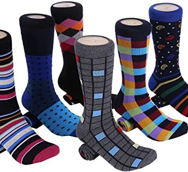 Marino Mens Dress Socks - Colorful Funky Socks for Men - Cotton Fashion Patterned Mens Socks - 6 Pack - Spunky Collection - 9-11
