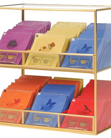 REDHUGO Glass Tea Bag Organizer for Counter, 2-Tier Teabag Organizer Storage Holder for Tea Bags, Glass Caddy Box Containers, Rack Teabag Station Stand for Cabinet Kitchen, 2-Tier, Gold