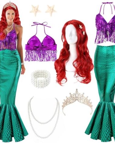 Croknit 8 Pcs Mermaid Costume for Women Halloween Costumes Sparkly Sequins Top Mermaid Skirt Wig Princesses Dress for Adults(Green,Medium)