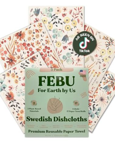 FEBU Swedish Dishcloths for Kitchen | 5 Pack Watercolor Reusable Paper Towels Washable | Swedish Dish Towels | Non-Scratch Cellulose Sponge Cloths | No Odor, Biodegradable Cleaning Cloths