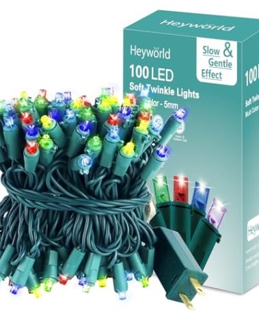 Heyworld 100 LED Slow Twinkle Christmas Lights, 5mm Wide Angle Soft Glow UL Certified 27ft String Lights - Connect Up to 25 Sets, Waterproof for Indoor & Outdoor Holiday Decor (Multi Color)