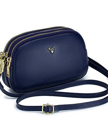Triple Zip Small Crossbody Bags Genuine Leather Shoulder Handbags Trendy Design Cellphone Purses for Women and Girls(blue)