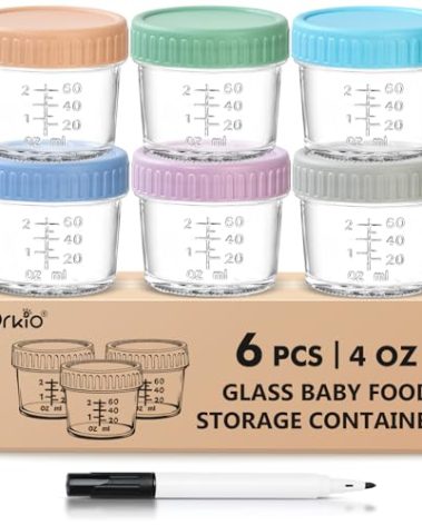 DRKIO 6 Pack Glass Baby Food Storage Containers - 4 Oz Baby Food Jars with Lids Baby Food Maker Microwave Dishwasher Freezer Safe 100% Leak Proof BPA Free Reusable