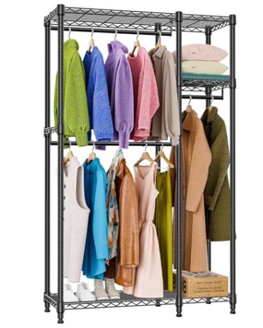 M MZG Heavy Duty Rolling Garment Rack 3 Tiers Adjustable Wire Shelving Clothes Rack with 1 Rods and Side Hooks,Storage Closet Clothing Rack Black 15.7" D x 43.3" W x 76.5" H