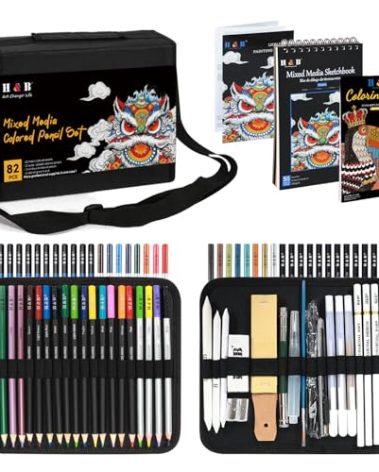 H & B 82 Pcs Drawing Kit Sketching Pencil Set, Sketch Pencils Art Supplies with 3-Color Sketchbook, Graphite, Charcoal, Blending Tools, Drawing Pencils for Adults Artists in Zipper Case