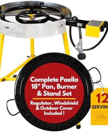 Paelluxe Paella Burner and Stand Set 12 Servings, 18 Inch Paella Pan, Dual Propane Outdoor Stove with Stand & Regulator, Portable Gas Cooker for Camping Crawfish Boil Cooking Outdoor, Paellera Propano