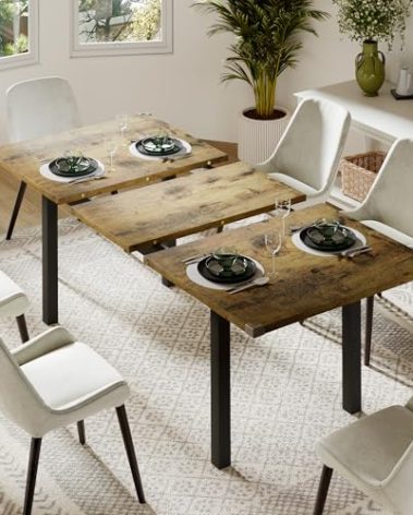 Feonase 63" Extendable Dining Table, Modern Farmhouse Dining Room Table for 4-8, Wooden Kitchen Table for Small Space, Dining Room, Home Office, Living Room Furniture, Rustic Brown