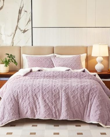Joyreap 3-Piece Fluffy Faux Fur Sherpa Comforter Set Purple, King Size Luxury Tufted Bedding Comforter Set, All Season Soft n Cozy Plush Comforter Bed Set- 100x88 inches