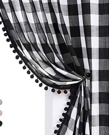 Treatmentex White Black Buffalo Check Curtains 45inch Pom Pom Farmhouse Semi Sheer Plaid Window Curtain Panels for Living Room Bedroom Rustic Country Curtain Rod Pocket 2pcs