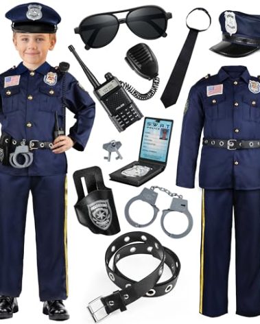 Joycover Police Officer Costume for Kids, Cop Costume Outfit Set with Toy Accessories, Halloween Costumes for Boys