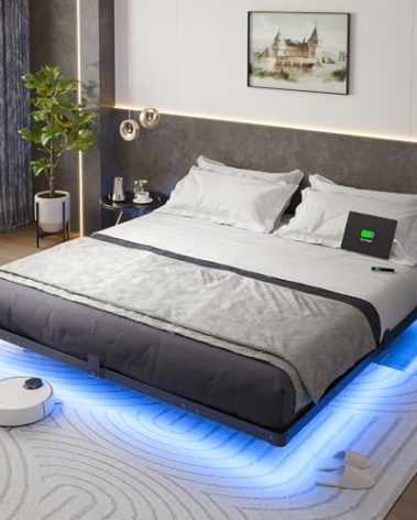 Liians King Size Floating Bed Frame with Smart LED Lights and USB Charging Station, Modern Sturdy Metal Platform, Noise Free, No Box Spring Needed Easy Assembly
