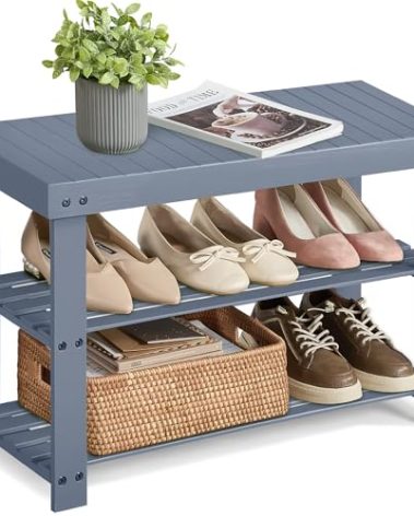 SONGMICS Shoe Rack Bench, 3-Tier Bamboo Shoe Storage Organizer, Entryway Bench, Holds Up to 286 lb, 11.3 x 27.6 x 17.8 Inches, for Entryway Bathroom Bedroom, Grey ULBS04GY