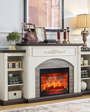 Electric Fireplace with Mantel, Fireplace TV Stand for TVs Up to 80 Inch, 72" White Entertainment Center with Storage for Bedroom,23'' Red Brick Fireplace Insert Heater with LED Flame for Living Room