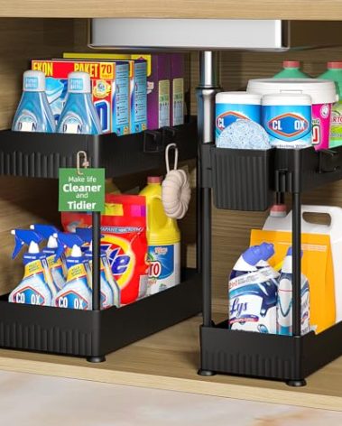 Sevenblue 2 Pack Under Sink Organizer, Under Bathroom Cabinet Organizer with Hooks Hanging Cup, Multi-Purpose Storage Shelf for Kitchen Bathroom, Black