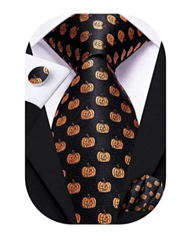 Hi-Tie Orange Halloween Ties for Men Silk Pumpkin Dress Funny Necktie Pocket Square Cufflinks Set Formal Business