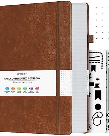 OFFIGIFT Bullet Dotted Journal, Large A4 Hardcover Leather Journal, 312 Numbered Pages Thick Journal, 100gsm No Bleed Paper Dot Grid Notebook for Women Men, 8.5'' × 11'', Brown