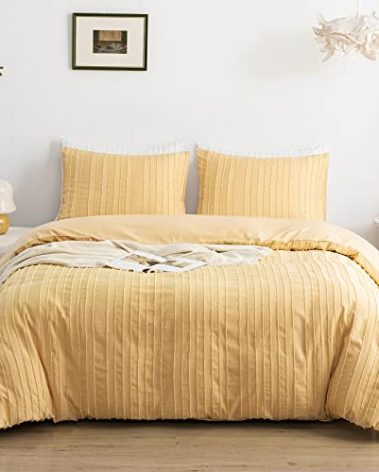 WARMDERN Yellow Boho Duvet Cover Set King Size, Striped Textured Duvet Cover Tufted Bedding Set, 3 Pcs Ultra Soft Washed Microfiber Duvet Cover with Zipper Closure (King, Yellow)