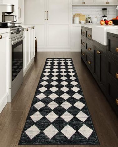 Lahome Checkered Washable Rug Runners for Hallways Non Slip,2x10 Black Kitchen Bathroom Runner Rug,Trellis Low Pile Indoor Carpet Runner for Bedroom Entryway Foyer(2'x10',Black)