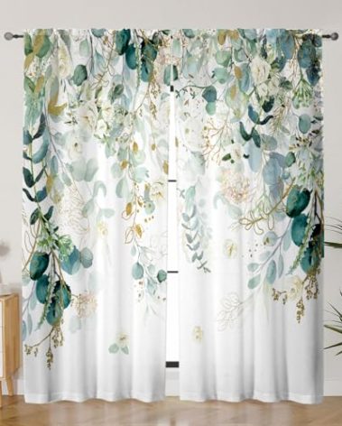 GOLDLAWN Gold Green Curtains 84 Inches Long Sage Green Leaves Light Filtering Curtain White Floral Drapes for Living Room Farmhouse Leaf Retro Elegant Window Curtains for Bedroom 2 Panels