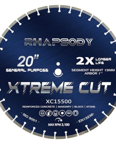 RHAPSODY 20 Inch Diamond Concrete Saw Blade, Segmented General Purpose Blade Dry/Wet Cutting Concrete, Reinforced Concrete, Masonry, Brick, Block,1" Arbor