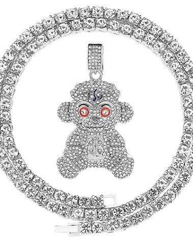 Mens Hip Hop Iced Out Chain Necklaces Silver Gold Monkey | Bear | Lion Pendant Chains Bling Rapper Jewelry (Silver Monkey, Rope Chain)