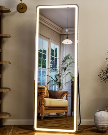 GLSLAND LED Full Length Mirror - 56" x 20" Floor Standing Mirror with Light for Bedroom/Cloakroom -Dimmable & 3 Color Lighting/Wall Mounted Full Body Mirrors