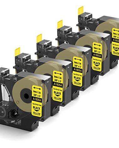 Aonomi Compatible Label Tape Replacement for DYMO 18054 Heat Shrink Tube Labels, Use with DYMO Rhino 5200 4200 5000 6000 Industrial Label Makers (Black on Yellow, 3/8" x 4.9'), 5-Pack