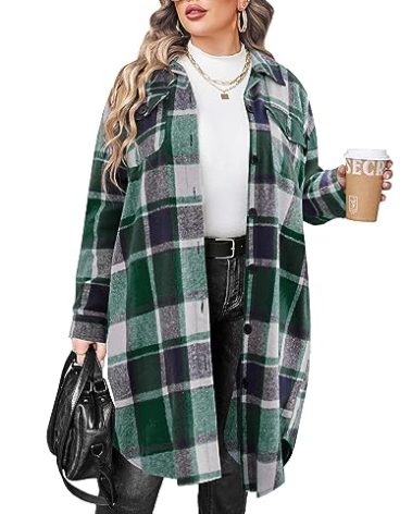 IN'VOLAND Womens Plus Size Flannel Shirts Long Sleeve Plaid Shacket Lounge Lapel Long Jacket Button Down Tartan Shirt 14W