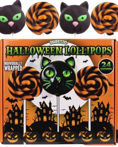 Individually Wrapped Halloween Lollipops, Candy Swirl and Cat Suckers, Trick or Treat Handout Candies, 24 Count