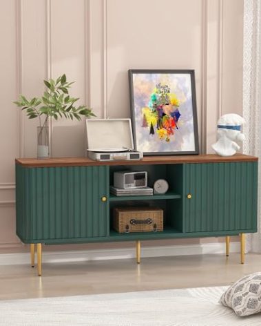 ARTPOWER 55” Fluted TV Stand, Mid Century Modern Green TV Stand for 55/60/65 inch TV, Entertainment Center with Storage, Television Stands, TV Console, Media Console for Living Room, Bedroom (Green)