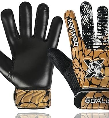 GOALIEX Soccer Goalie Gloves, Football Goalkeeper Gloves for Kids Boys Youth Children Double Wrist Along 4mm Super Grip Palm (Golden/Black, Size 5 Suitable for 9-12 Years)