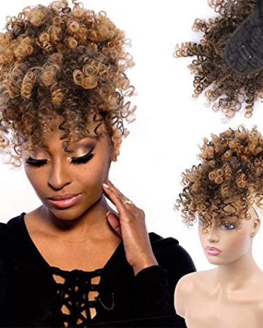 ENTRANCED STYLES Drawstring Ponytail with Bangs Afro Puff Ponytail Extensions for Women Short Curly Puff Ponytail with Bangs Clip in Wrap Updo Hairpiece for Women(#T30)