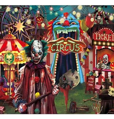Funnytree 10x8FT Halloween Evil Circus Theme Backdrop for Photography Clown Creepy Carnival Haunted House Horror Scary Birthday Party Decorations Banner Home Decor Photo Booth Props Background
