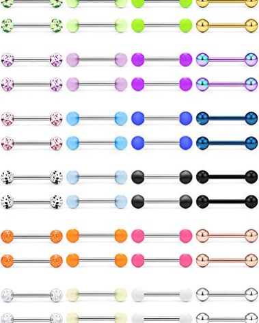 Ftovosyo 48PCS 16G 14MM Nipple Rings Straight Barbells Surgical Steel Tongue Rings Nipplerings Body Piercing Jewelry for Women Men Silver-Tone Rose Gold Black Glow in The Dark Ball