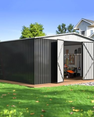 WKM 12x14 FT Outdoor Storage Shed, Utility Metal Tool Storage with Lockable Doors and Updated Frame Structure, Large Metal Garden Shed for Backyard, Patio Lawn, White