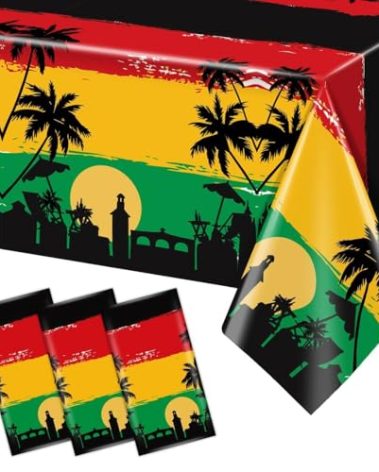3-Piece Reggae Birthday Tablecloth for Jamaican Decoration - Plastic Disposable Table Covers for Rectangle Tables - Rastafari Palm Tree Grafitti Happy Birthday Party Favors, 54 x 108 Inches