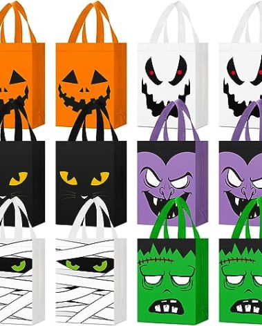 Paterr 60 Pcs Halloween Candy Bags Reusable Non Woven Treat Gift Bags Cat Ghost Mummy Vampire Zombie Pumpkin Tote with Handles Bulk for Halloween Party Kids Birthday