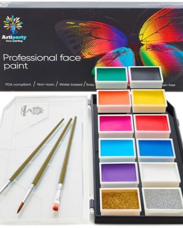 Face Paint Kit - Dermatologically Tested, Non-Toxic & Hypoallergenic - Professional Painting for Kids & Adults - Cosplay Makeup - Easy to Apply & Remove - Leakproof Dry Glitters