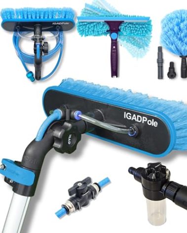 26ft IGADPole Washing Kit: Water-fed Brush, Cobweb Duster and 10” Squeegee and Soap Dispenser, with 5-Stage Telescoping Pole 5-20ft Pole