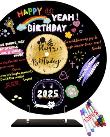 ReeGii Vinyl Record Guest Book for Birthday Decorations - Large 11.6"x11.6" Birthday Party Sign Poster with 12 Pens,Unique Keepsake Gift for Friends and Family (Happy Birthday, Golden, 11.6")
