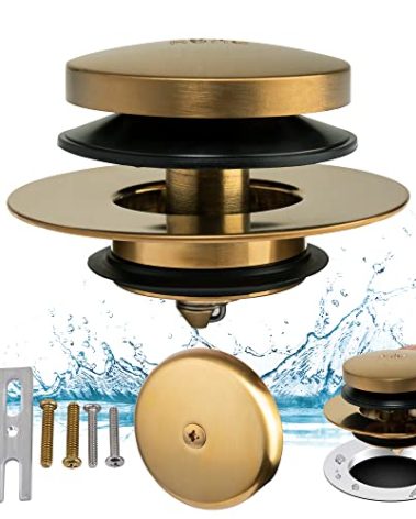 Artiwell Universal Tip Toe Tub Drain Conversion Kit - Bathtub Drain Replacement Trim Kit with 1-Hole Overflow Face Plate and Pop-Up Tub Stopper, Brushed Gold