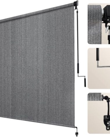 Artpuch Outdoor Roller Shade 8' W x 8' H, Gray Exterior Cordless Patio Shades Roll Up Blinds with Spliced Pole Design, (2 Poles, One-Piece Fabric)