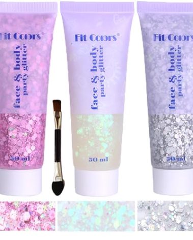 Body Glitter Face Glitter Gel: Singer Concerts Disco Festival Rave Accessories Face Glitter Makeup 150ml Chunky Sequins Mermaid Face Body Hair Glitter Gel (White&Silver&Pink)