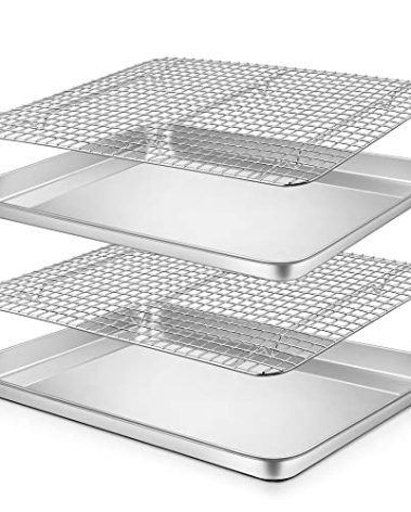 P&P CHEF 17.5 Inch Baking Sheet and Rack Set, Stainless Steel Cookie Sheets Oven Baking Pans Trays with Cooling Racks for Cooking & Roasting, Oven & Dishwasher Safe, (4Pcs)